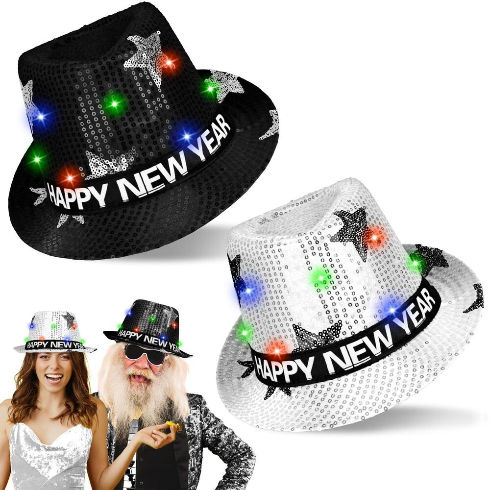 3073 2 Pack Happy New Year Light Up Top Hats Black Silver Flashing Party